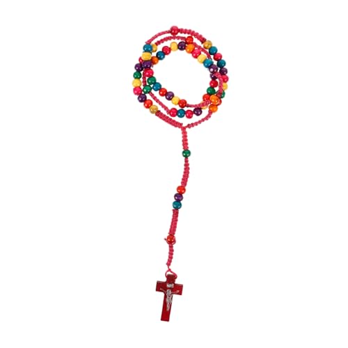 Warmhm Bunte Holzperlen Rosenkranz Halskette mit Kreuzanhänger Handgefertigte Geflochtene Kette Leichte Damen Kruzifix Schmuck Langlebig und Komfortabel für Alltag und Gebet von Warmhm