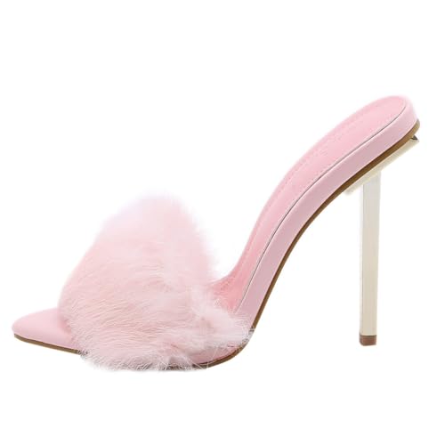 Warmhm Chic Damen Sandaletten mit Fellbesatz Hohe Absatzschuhe für Sommer Rutschfeste Sohle Modisches Design Passend zu Kleidern und Jeans Eleganter Stil für Vielseitige Anlässe von Warmhm