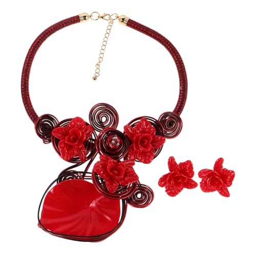 Warmhm Chunky Roter Statement Halsreif mit Handgefertigten Resinblumen Auffälliges Schmuckset mit Passenden Ohrringen für Frauen Vielseitig für Hochzeit Party Alltag Boho-style von Warmhm
