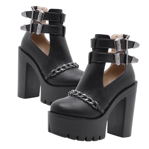 Warmhm Damen Ankle Boots mit Chunky Absatz Rivet Chain Pant Schuhe Dicker Plateau High Heel Stiefeletten Rutschfeste Gummisohle Atmungsaktive Innenausstattung für Alltag und Arbeit von Warmhm