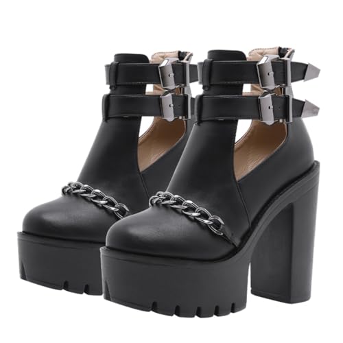 Warmhm Damen Ankle Boots mit Dicker Wasserdichter Plateau Sohle und Klobigem High Heel Modische Nietenverzierung Rutschfest Bequeme Stiefeletten für Alltag und Party Schwarz von Warmhm