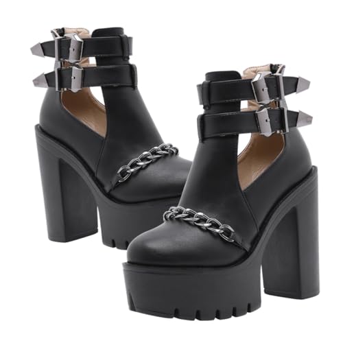 Warmhm Damen Ankle Boots mit Nieten und Ketten Wasserdichte Dicke Plateau Absatzstiefeletten Atmungsaktiv Rutschfeste Gummisohle Bequeme Polsterung Modische Kurze Stiefel für Alltag und von Warmhm