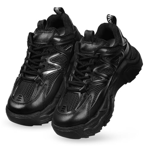 Warmhm Damen Chunky Sneakers mit Schnürung Modische Plateau Sneaker aus Langlebigem PU rutschfeste Sohlen Bequeme Dicke Laufsohle Vielseitige Freizeitschuhe Schwarz von Warmhm