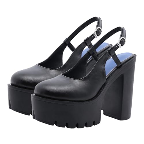 Warmhm Damen High Heels Sandalen mit Rundspitze Stabilem Blockabsatz und Rutschfester Sohle Hautfreundliche Einlegesohle Modische Frühling Sommer Pumps für Lange Schwarz von Warmhm