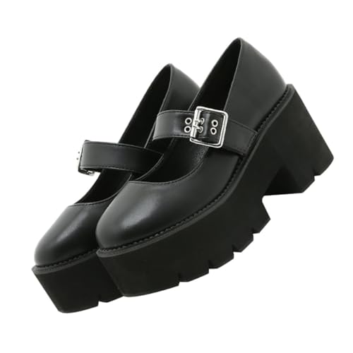 Warmhm Damen Lederschuhe mit Flacher Gummisohle rutschfest Runde Zehen Modische Schwarze Halbschuhe mit Metallverschluss und Vielseitig für Alltag und Partys von Warmhm