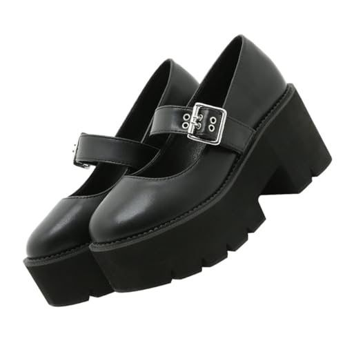 Warmhm Damen Lederschuhe mit Metallverschluss rutschfeste Flache Rund Zulaufende Shallow Mouth Schuhe in Schwarz Modisch für Alltag Arbeit Party und Cosplay von Warmhm