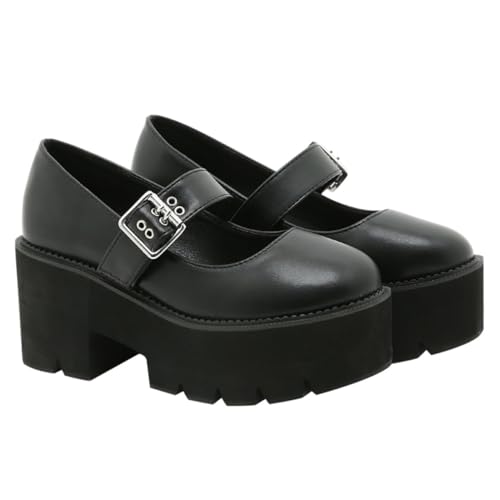 Warmhm Damen Lederschuhe mit Metallverschluss rutschfeste Flache Schuhe mit Rundem Zehenbereich Modische Flache Schuhe für Alltag Arbeit Party und Cosplay Schwarz von Warmhm