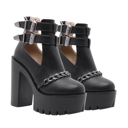 Warmhm Damen Stiefeletten mit Nieten und Ketten Wasserabweisende Plateaustiefel mit Dickem Blockabsatz Bequemes Fersen Design Flexible Rutschfeste Gummisohle Elegant für Alltag und Party von Warmhm