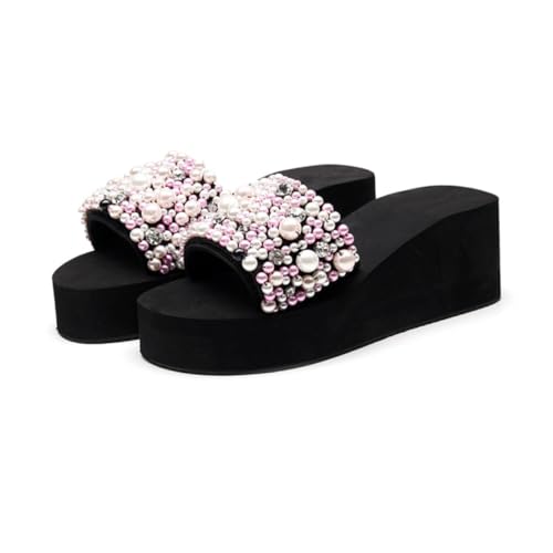 Warmhm Damen Wedge Slipper Sommer Keilabsatz Rutschfest Strand Pantoletten mit Stilvoller Perlenoptik Bequeme Außenschuhe für Zuhause und Freizeit Rosa von Warmhm