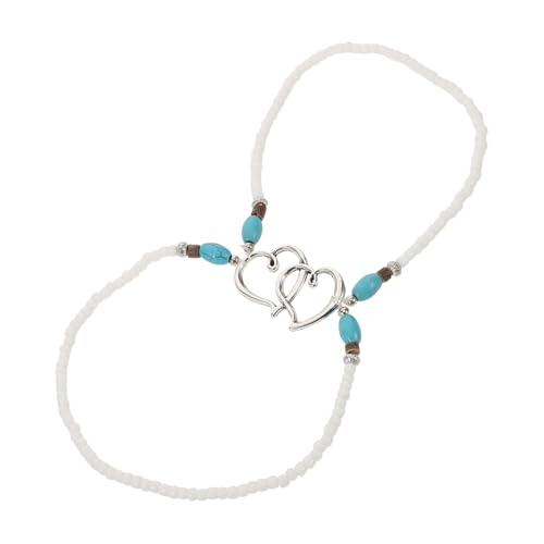 Warmhm Doppellagiges Fußkettchen Damen Elastisches Herzarmband Türkis Boho Perlen Schmuck Sommer Urlaub Strand Accessoire von Warmhm