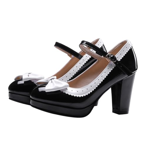Warmhm Elegante Damenschuhe Frühling Herbst Dünne Schuhe mit Schleife Grober Absatz Flach Geschnitten Bequemes und Modische Pumps für Alltag und Büro Schwarz von Warmhm