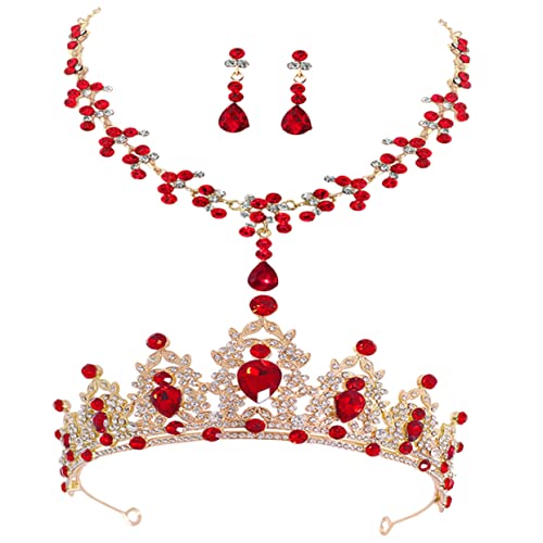 Warmhm Elegantes Brautschmuck mit Tiara Halskette und Ohrringen Gold Rot Hochzeits Accessoire für Damen Passend zu Brautkleid und Festlichen Anlässen von Warmhm