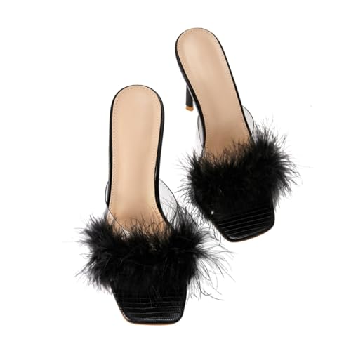 Warmhm Fluffy Dekorative Damen Sandalen mit Dünnem Absatz Transparente Quadratische Zehenpartie Modische Sommerschuhe für Schmale Füße Angenehm und Stilvoll Schwarz von Warmhm