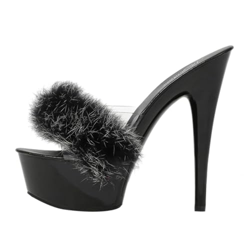 Warmhm Fluffy High Heel Sandalen Damen Sommer Schuhe Elegant Leicht Komfortabel Modisch Schwarz von Warmhm