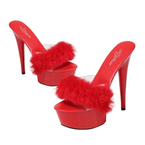 Warmhm Fluffy High Heels Damen Pumps mit Spitze Sandalen Modisch Tipptauglich Rot Komfortable Sohlen Weite Geschenkidee für Frauen von Warmhm