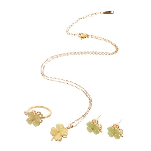 Warmhm Grünes Vierblättriges Kleeblatt Schmuckset Damen Hypoallergenes Titanstahl Katzenauge Anhänger Halskette Ring Ohrringe Glücksbringer für Frauen Mutter Tochter Freundin von Warmhm