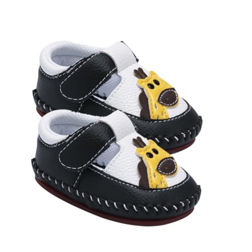 Warmhm Hausschuhe Jungen PU Lauflernschuhe Rutschfest Weiche Sohle Atmungsaktiv Komfortabel für Krabbeln und Laufen Leicht und Strapazierfähig Schwarz mit Niedlichem Giraffenmotiv von Warmhm