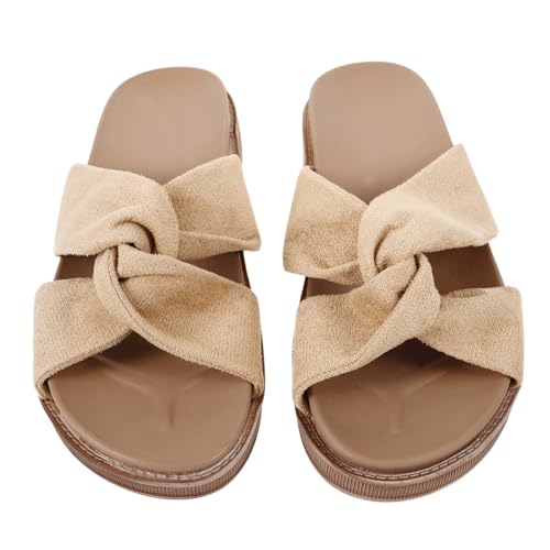 Warmhm Hawaii Style Damen Badeschuhe Flache Sohle Rutschfeste Strandpantoletten Sommer Schlappen Beige Leicht Komfortabel Modisch Vielseitig von Warmhm