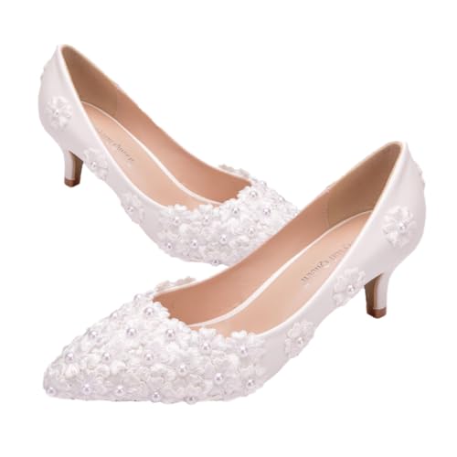 Warmhm Hochzeitsschuhe Damen Spitze Pointy Toe Brautschuhe mit Spitzenblumen Romantisches Design Bequemer Absatz für Brautjungfern und Festliche Anlässe Weiß von Warmhm