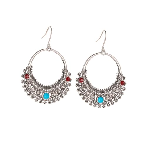 Warmhm Hohle Damen Ohrringe Retro Vintage Halbrund mit Gravur und Türkis Leichte Modische Ohrhänger für Alltag und von Warmhm