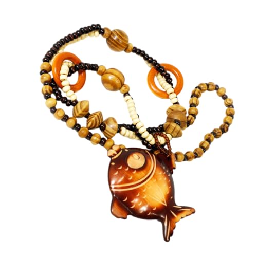 Warmhm Holzperlen Halskette im Boho Stil Vintage Sweater Necklace für Frauen Handgefertigt mit Einzigartigem Fisch Anhänger als Geburtstag für Besondere Anlässe von Warmhm