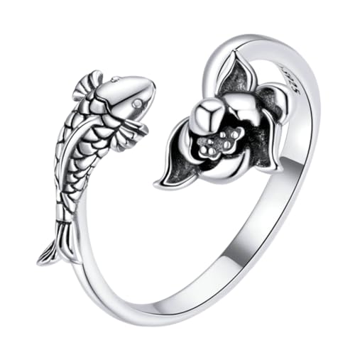 Warmhm Verstellbarer Offener Ring Schmuck Frauen Mode Fisch Lotus Blumenring S925 Auffälliger Schmuck für und Alltag von Warmhm