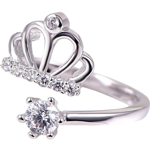 Warmhm Kronenring für Damen Verstellbarer Offener Ring Weißkupfer mit Zirkonia für Frauen Mädchen und Teenager für Halloween Cosplay Hochzeiten und Festivals von Warmhm