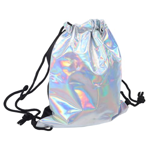 Warmhm Modischer Holografischer Rucksack Damen Kordelzug Tasche mit Großem Fassungsvermögen für Schule und Freizeit Silberner PU Rucksack für Damen mit Robuster Struktur von Warmhm