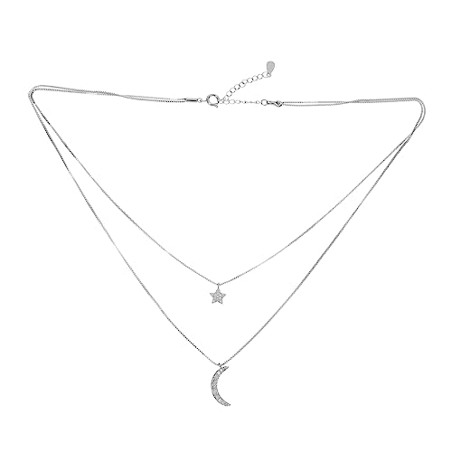 Warmhm Mond und Stern Anhänger Halskette Damen Silberne Mehrschichtige Clavicle Chain mit Funkelnden Strasssteinen Eleganter Modeschmuck für Geburtstag und Alltag von Warmhm