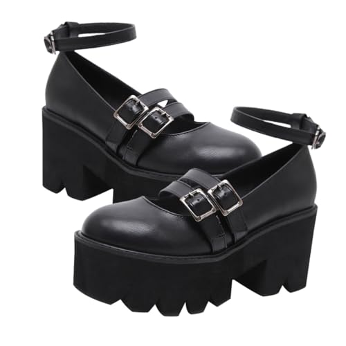 Warmhm Retro Mary Schuhe Damen Runde Zehen Grober Absatz PU Atmungsaktiv Vielseitig für Alltag und Outdoor Modischer College Stil Schwarz von Warmhm