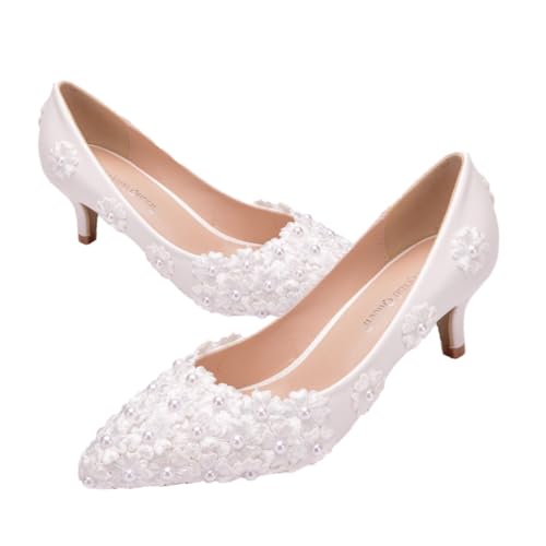 Warmhm Romantische Spitzen Wedding High Heels mit Zarter Spitzenblume Brautschuhe für Hochzeit Bankett und Festliche Anlässe Langlebiges PU Material Damen Absatzschuhe Weiß von Warmhm