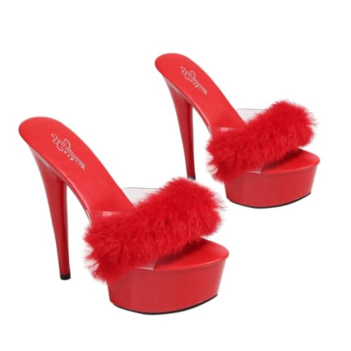 Warmhm Rote High Heel Sandalen Damen Flauschige Dekorative Spitze Superhohe Absätze Modisch und Strapazierfähiges Material für Besondere Anlässe und Geschenke von Warmhm