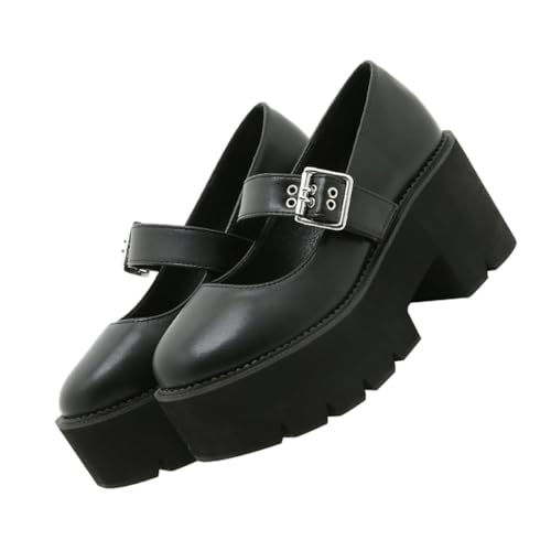 Warmhm Runde Zehen Lederschuhe Damen Shallow Mouth Freizeit Schuhe mit Plateau Sohle und Metall Schnalle rutschfest Atmungsaktiv Schwarz Modische Flache Freizeit Footwear von Warmhm