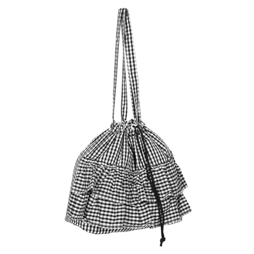 Warmhm Schwarze Karierte Canvas Tasche mit Rüschenbesatz Große Kapazität Robuste Schultertasche für Damen Wiederverwendbar Leicht für Alltag Einkauf Arbeit und Reisen von Warmhm