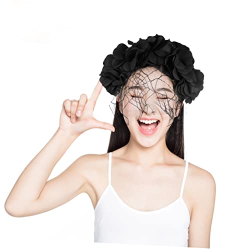 Warmhm Schwarzes Mesh Blumen Haarband Halloween Kostüm Damen Haarschmuck Floral Stirnband für Party und Cosplay von Warmhm