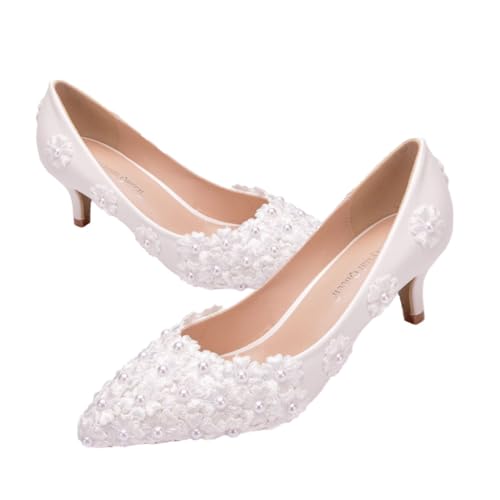 Warmhm Spitze Hochzeitsschuhe Damen mit Mittelhohem Absatz Bequeme Brautschuh Pumps mit Zartem Spitzenblumen Design für Brautjungfern und Festliche Anlässe Weiß von Warmhm