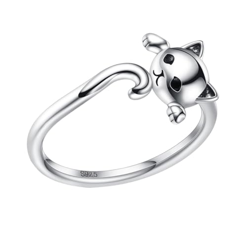 Warmhm Sterling Silber Damen Ring Verstellbar Offener Katzenring mit Niedlichem Katzenmuster Schmuck für Mädchen und Frauen Alltag Party Accessoire von Warmhm