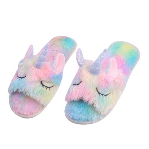 Warmhm Unicorn Hausschuhe Damen Herren Herbst Winter Plüsch Pantoffeln Warm Flauschig Rutschfest Kuschelig Offene Zehen Komfortable Hausschuhe für Zuhause von Warmhm