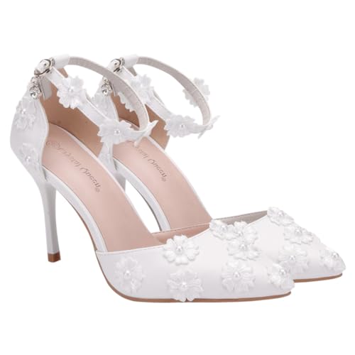 Warmhm Weiß Stilvolle Spitze High Heels Sandalen Damen Modische Einstellbare Riemen Langlebiges Material Rutschfest für Hochzeit und Festliche Anlässe von Warmhm
