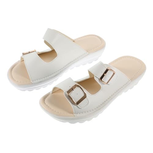 Warmhm Weiße Damen Sandalen aus Echtem Material Flache Sommerschuhe mit Keilabsatz Atmungsaktive Strandpantoletten für Sommerurlaub Freizeit und Alltag von Warmhm