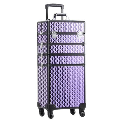 Warmiehomy Kosmetikkoffer 4 in 1 Kosmetikkoffer Trolley Großer Friseurkoffer Trolley Make up Koffer mit Beautycase Abschließbarer Schminkkoffer Damen auf Rollen für Reise Kosmetikerin Friseurein, Lila von Warmiehomy
