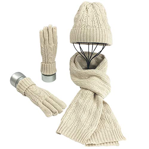 Warmiehomy Mütze Schal Handschuh Set Damen für Winter, Schal und Mütze Warmes Set Damen, 3 in 1 Winter Strickmütze Set für Skifahren Aufflug Camping Reissen Beige von Warmiehomy