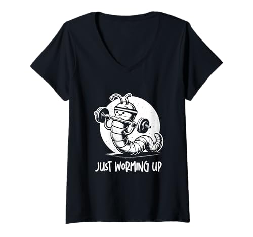 Damen Just Warming Up Worm Gym Workout Lustiger Humor Meme T-Shirt mit V-Ausschnitt von Warming up Gym Funny Sayings Gifts Distressed
