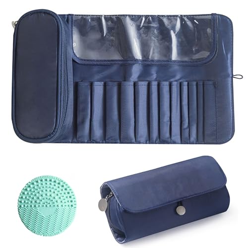 Make-up-Pinseltasche, Reise-Make-up-Pinsel-Etui, Make-up-Pinselhalter, Organizer, Kosmetiktasche, tragbare aufrollbare Pinsel-Aufbewahrungstasche für Make-up-Pinsel und Kosmetikutensilien, Dunkelblau Make-up-Pinseltasche, Reise-Make-up-Pinsel-Etui, Make-up-Pinselhalter, Organizer, Kosmetiktasche, tragbare aufrollbare Pinsel-Aufbewahrungstasche für Make-up-Pinsel und Kosmetikutensilien, Dunkelblau von Warmstore
