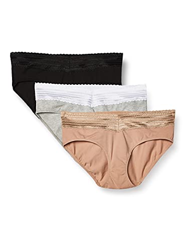 Warner's Damen Blissful Benefits No Muffin Top with Lace 3 Pack Hipster Hipsterhöschen, Toasted Mandel/Schwarz/Hellgrau Heather, X-Large (3er Pack) von Warner's