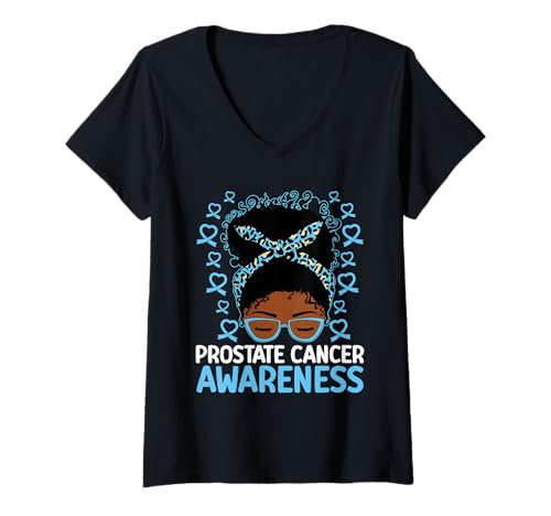 Damen Prostatakrebs Awareness African American Messy Bun T-Shirt mit V-Ausschnitt von Warrior Prostate Cancer Awareness Survivor Support