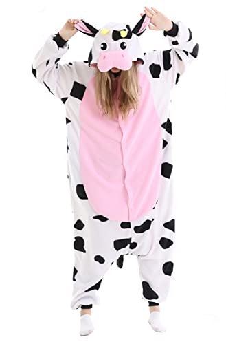 Warton Unisex Erwachsene Tier Onesie Pyjamas Halloween Sherpa Frauen Cosplay Tier Fitted EIN Stück Pyjamas Party Kostüm Pyjamas Kuh L von Warton