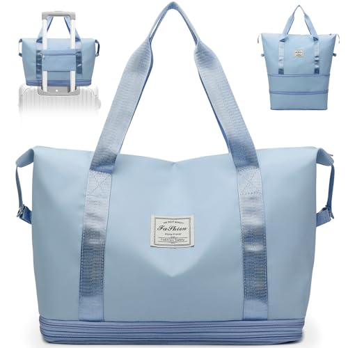 Wasarmir Reisetasche Damen, Erweiterbare Sporttasche Wasserdicht Handgepäck Tasche Weekender Bag Schwimmtasche, Leichtgewicht Travel Bag Duffle Bag für Sport im Freien, Reisen, Fitnessstudio, Blau von Wasarmir