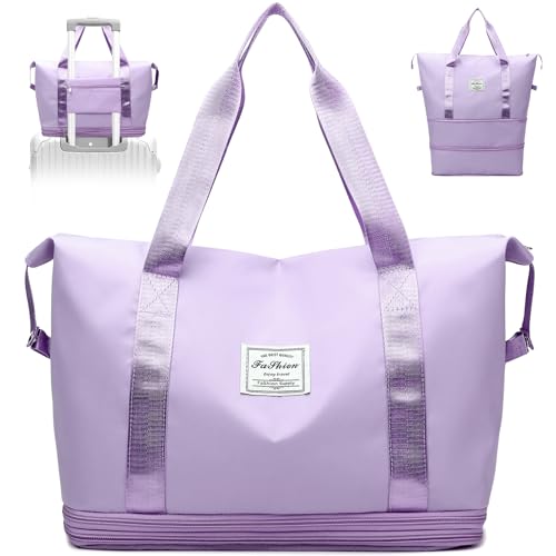 Wasarmir Reisetasche Damen, Erweiterbare Sporttasche Wasserdicht Handgepäck Tasche Weekender Bag Schwimmtasche, Leichtgewicht Travel Bag Duffle Bag für Sport im Freien, Reisen, Fitnessstudio, Lila von Wasarmir