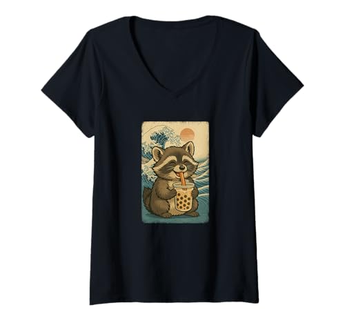 Damen Waschbär drinkt Bubble Tea Japanisches Vintage T-Shirt mit V-Ausschnitt Damen Waschbär drinkt Bubble Tea Japanisches Vintage T-Shirt mit V-Ausschnitt von Waschbär Bubble Tea Retro Kawaii Shop